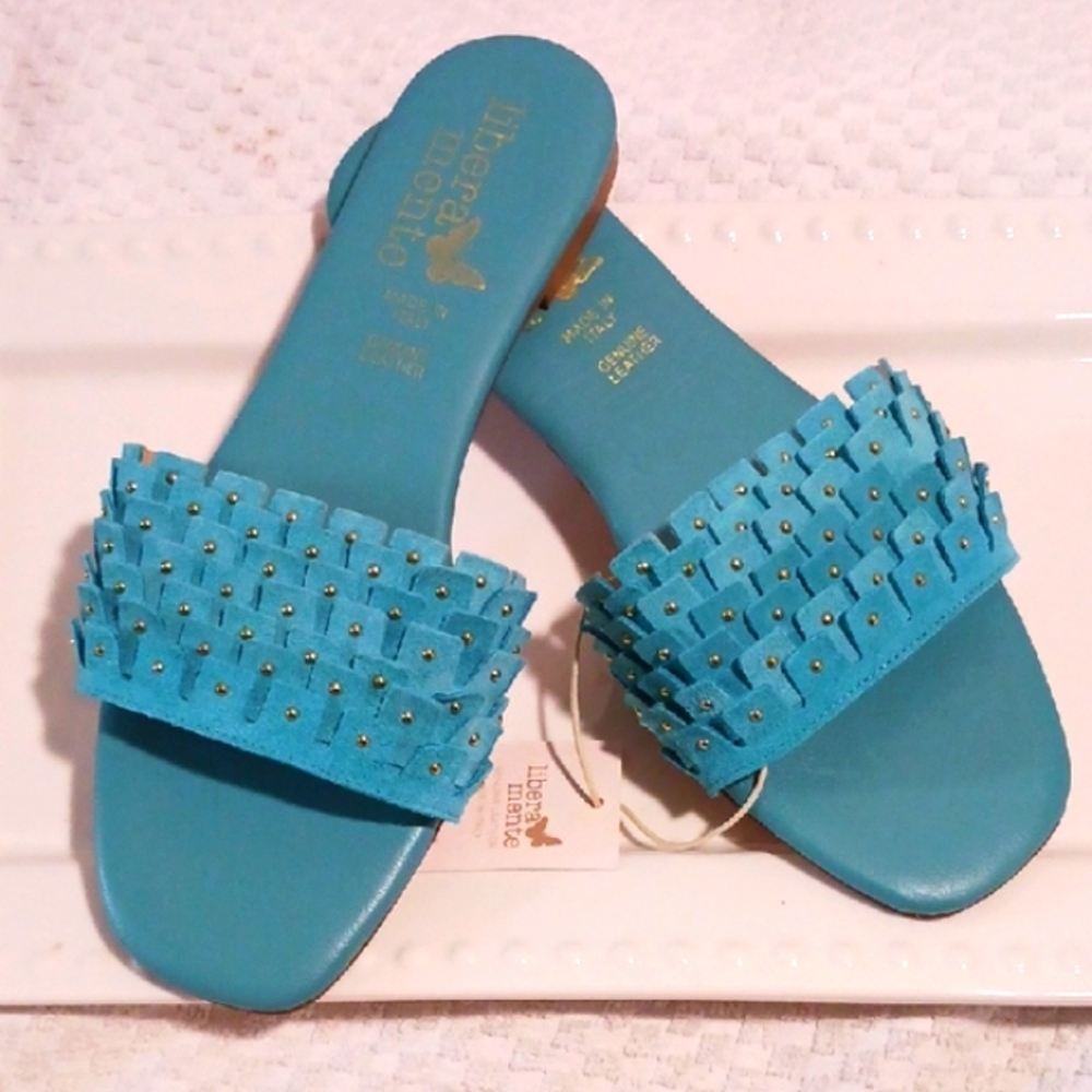 Libera Mente 💙 Turquoise Leather Layered Band  Sandals Gold Stud Detail  40